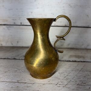 Vintage mini 4.5” solid brass bud mom pitcher vase with curved handle